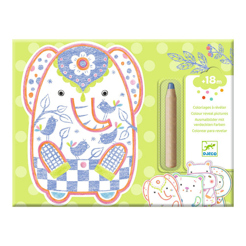 DJECO-DJ00062-12 tarjetas con siluetas y un lápiz grande de colores - Animales salvajes