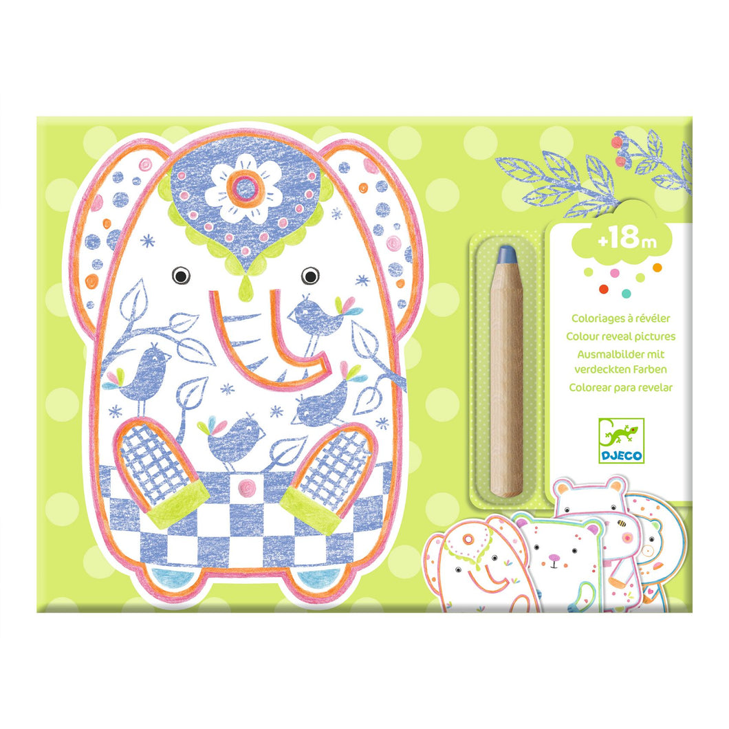 DJECO-DJ00062-12 tarjetas con siluetas y un lápiz grande de colores - Animales salvajes